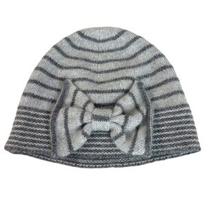 Caroline Grace 100% Cashmere Bow Beanie in Grey Stripes Vintage Inspired Dainty